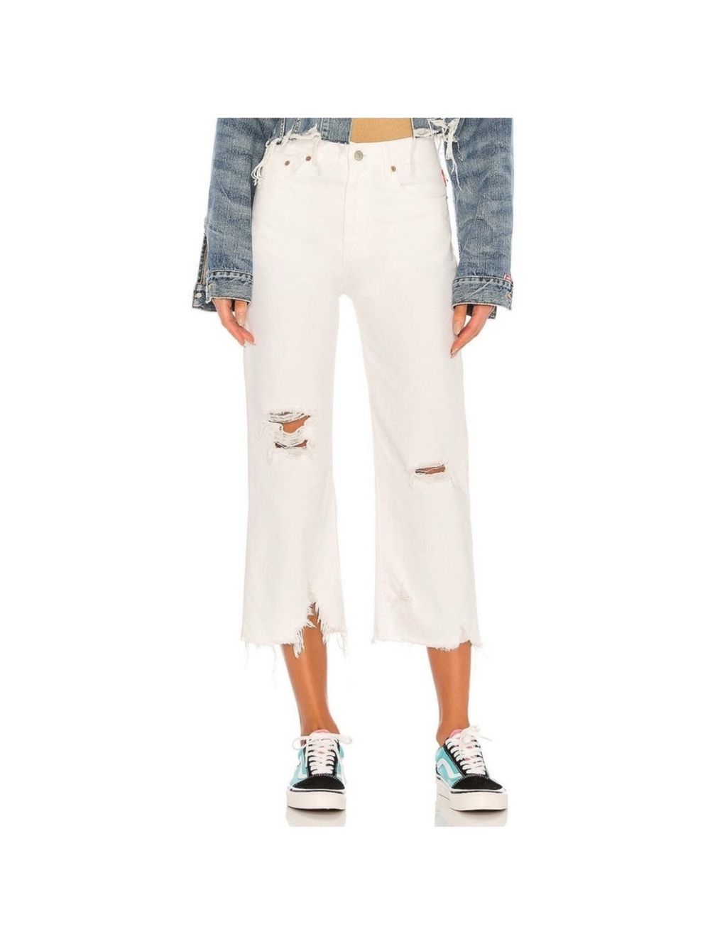 DENIMIST Pierce High Rise Jeans White Distressed Crop Straight Leg